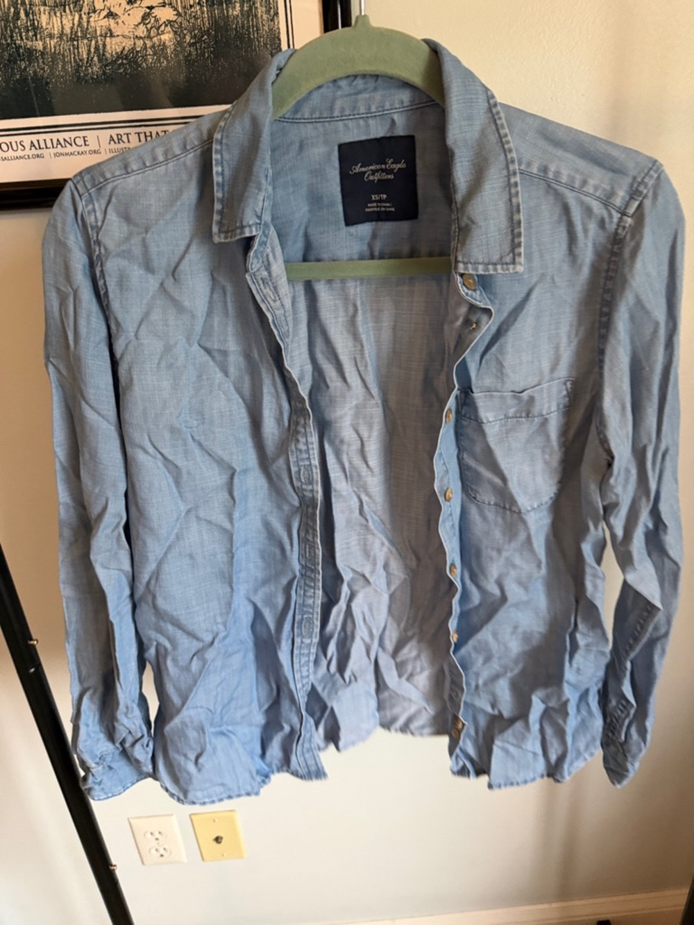 American Eagle Outfitters Light Blue Denim-Style Button-Down